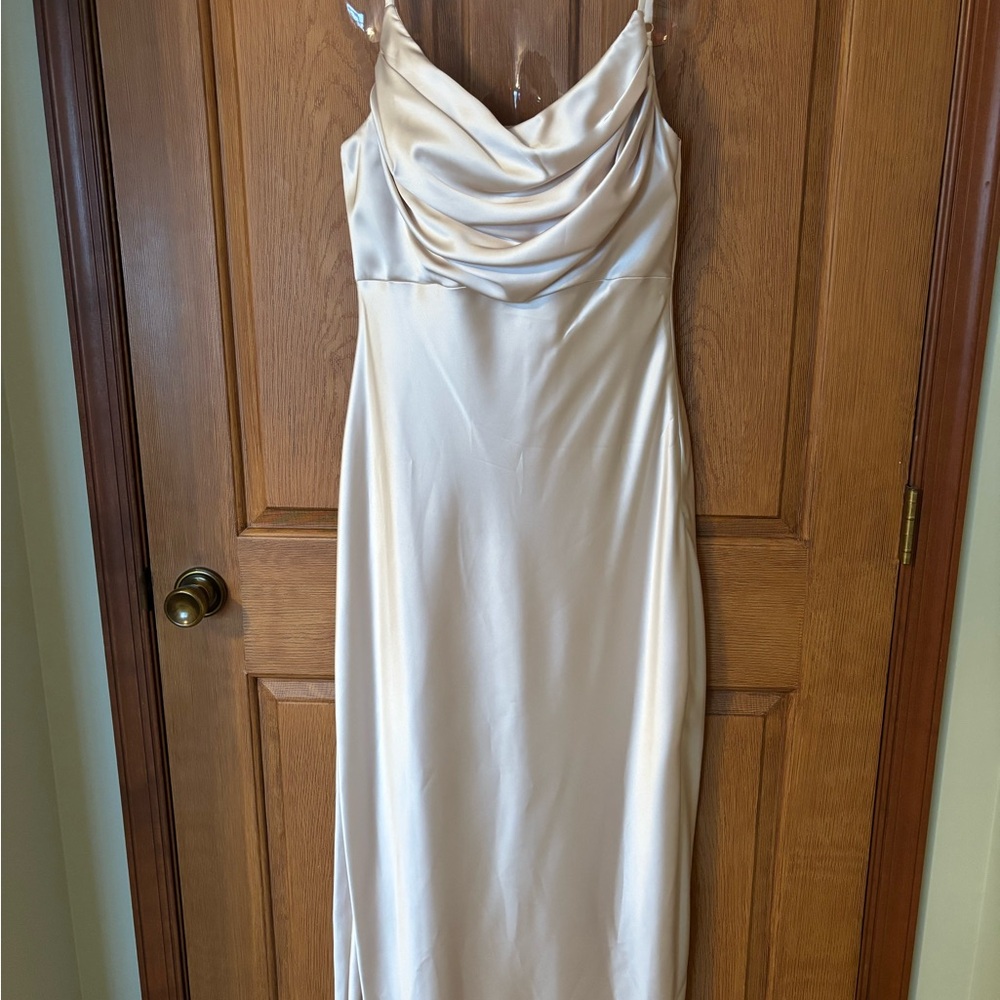 Elegant Revelry “Skye” Champagne Satin Dress